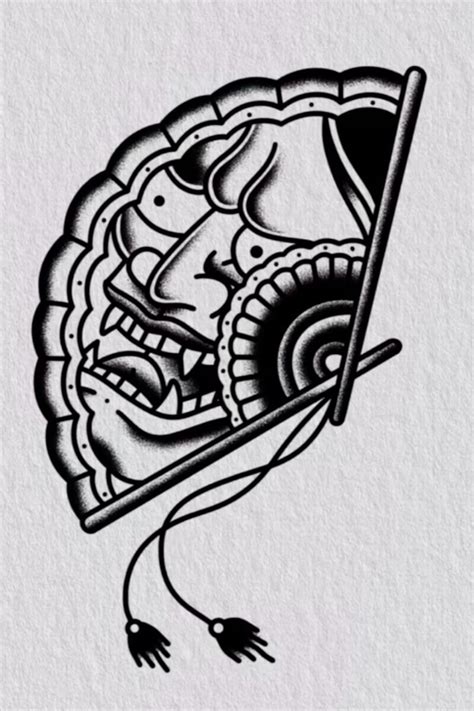 Trad Japanese style Hannya Mask fan Tattoo | Traditional tattoo flash ...