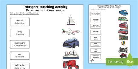 Transport Word and Picture Matching Worksheet English/French ...