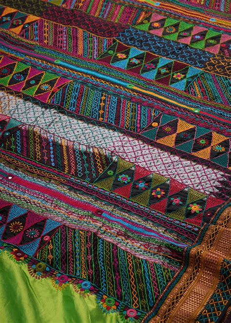 Ilkal Silk Lambani Saree | Parrot Green Hand Embroidered Banjara Mirro ...