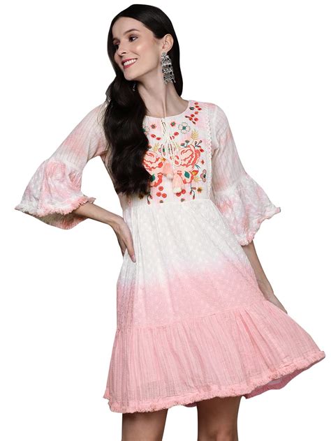 Buy ishin Women's White & Pink Embroidered A-Line Dress at Amazon.in