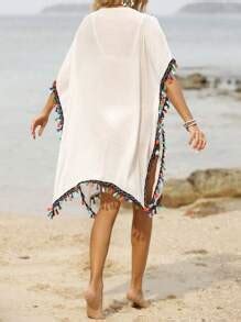 Swim Lushoire Summer Beach Floral Embroidery Tassel Trimmed Cover Up ...