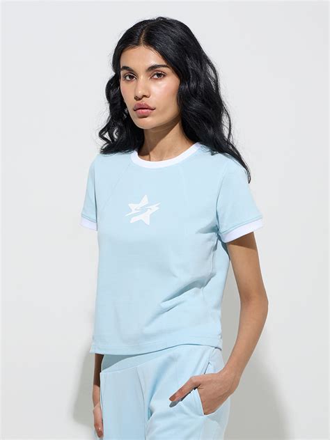 Buy Studiofit Light Blue Printed Cotton T-Shirt from Westside
