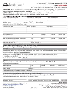 Fillable Online CONSENT TO A CRIMINAL RECORD CHECK FOR VOLUNTEERS ...