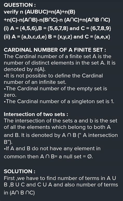 Verify n (A ∪ B U C) =n(A) + n(B) +n (C)−n(A ∩ B ) - n(B ∩ C) − n(A ∩ C ...