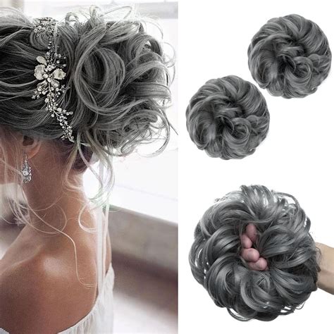 SARLA Messy Bun Hair Piece 2PCS Hair Bun Extensions Dark Grey Curly ...