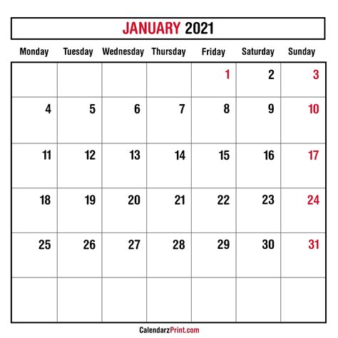 January 2021 Monthly Planner Calendar, Printable Free – Monday Start – CalendarzPrint | Free ...