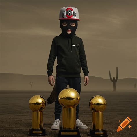 Photorealistic Wiley Coyote in desert with Ohio State hat and trophies ...