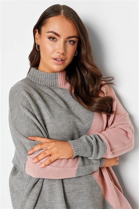 YOURS Plus Size Grey & Pink Colourblock Knitted Jumper | Yours Clothing
