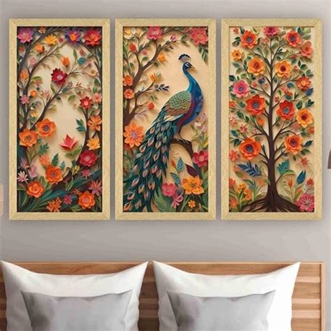 Livin'luxe Set of 3 Peacock modern art Boho painting Premium Framed ...