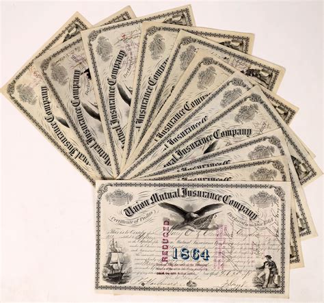 Union Mutual Insurance Stocks, 11 Different, c. 1864-76 [177531]
