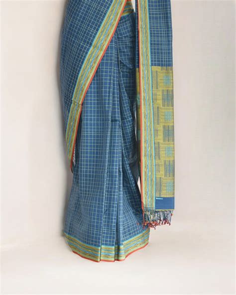 Blue - Mat Motif Organic Cotton Saree (no blouse) – Ethicus
