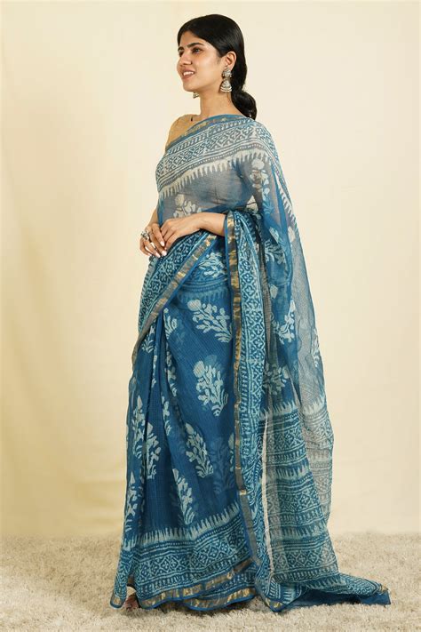 Teejh Tranquil Waves Blue Block Print Kota Saree with Blouse Piece