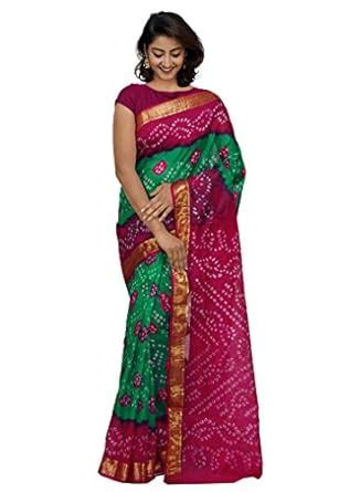 Buy Unnati Silks Women Green-Pink Pure Bandhani Soft Silk Saree with ...