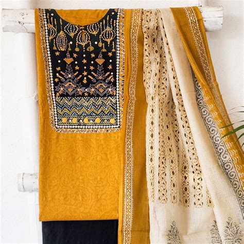 Roshani - Pure Cotton Self Design Mustard With Black Beautiful Embroid ...