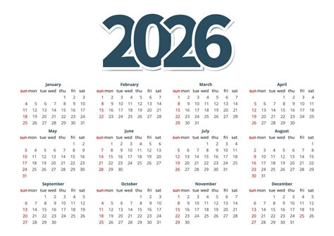 moderno horizontal calendario modelo para 2026 con semana comenzando en ...