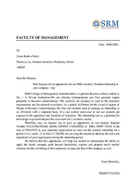 Summer Internship 2024 letter - FACULTY OF MANAGEMENT Date: 30/04/ To ...