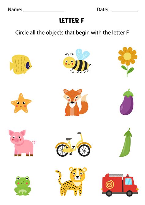 Letter recognition for kids. Circle all objects that start with F ...