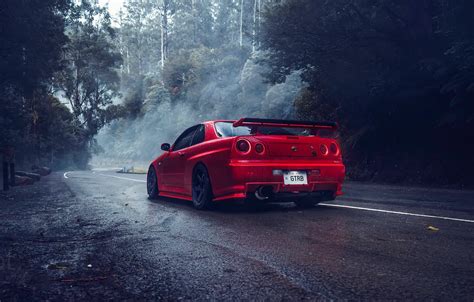 Wallpaper red, GT-R, road, trees, R34, turn for mobile and desktop ...
