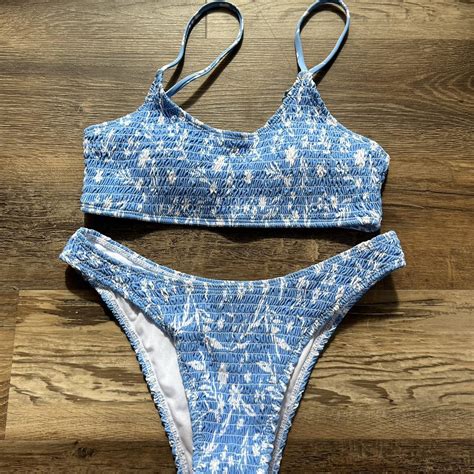 SHEIN Women's Blue and White Swimsuit-one-piece | Depop