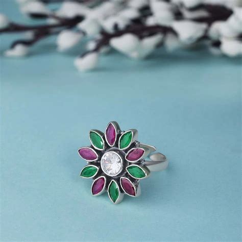 Silver Pink and Green Stone Ring