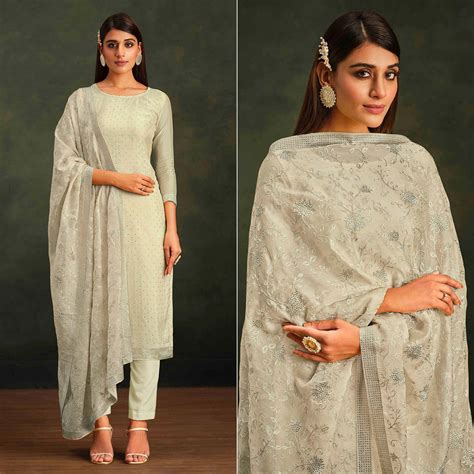 Pale Yellow Swarovski Work Organza Semi Stitched Salwar Suit