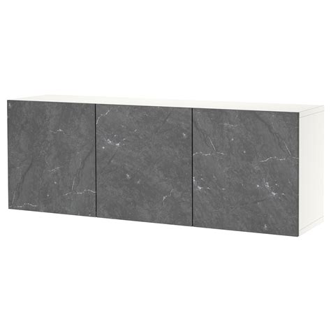 BESTÅ wall-mounted cabinet combination, white Bergsviken/black marble ...