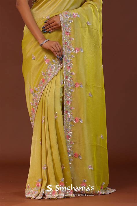 Slime Green Georgette Tissue Saree With Scallop Border| Singhania's