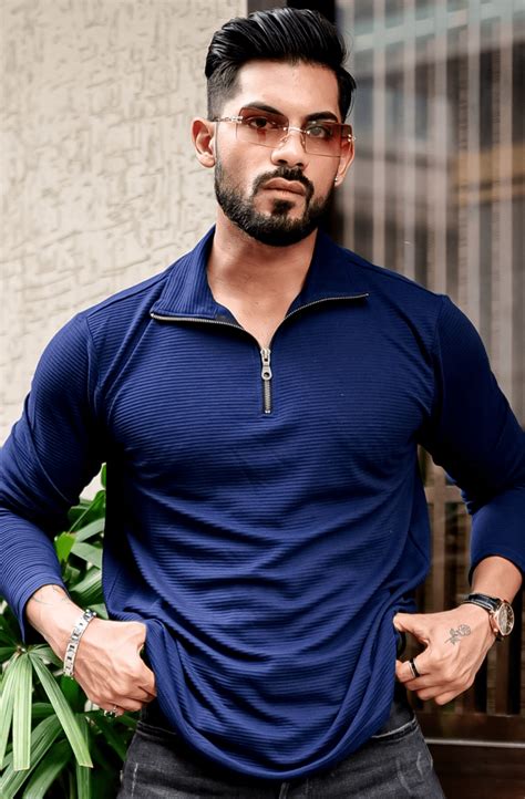 Gritstones Navy Blue Self Design Zipper T-Shirt