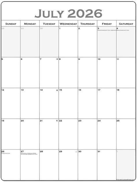 July 2026 Vertical Calendar | Portrait