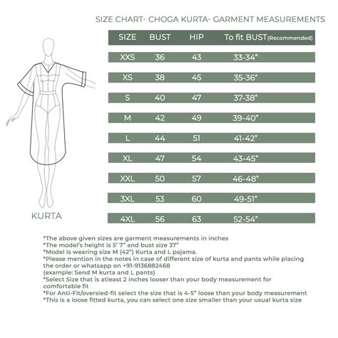 Size Chart- Choga kurta and Trousers – House of Moxa