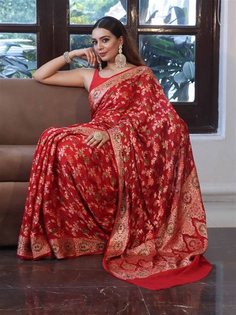 Banarasee Pure Chiffon Saree With Zari Jaal Design & Border-Red