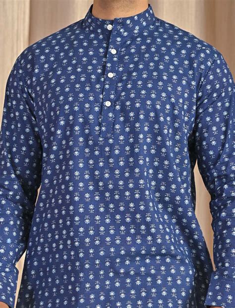 Blue Cotton Printed Full Sleeves Short Kurta For Men – Gulabchand Prints
