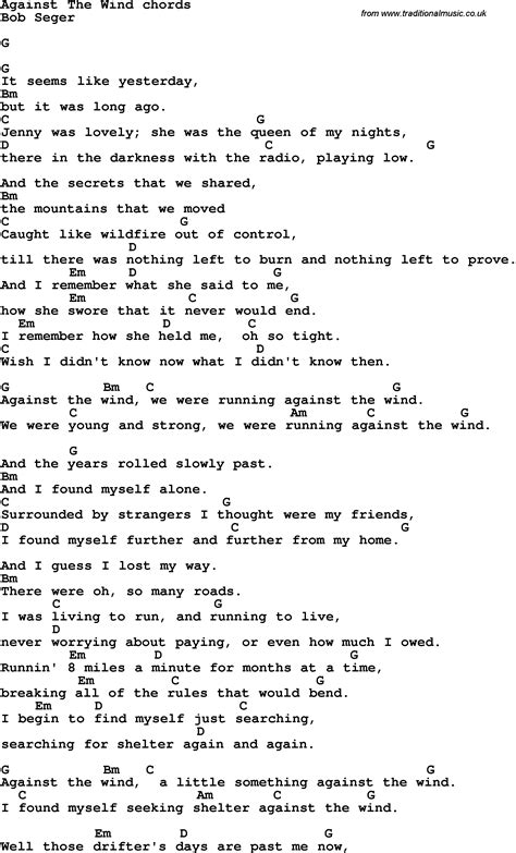 Song lyrics with guitar chords for Against The Wind
