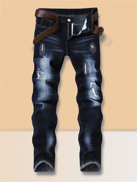 Men's Stretch Ripped Jeans Embroidered Denim Skinny Pants Slim Fit Worn ...