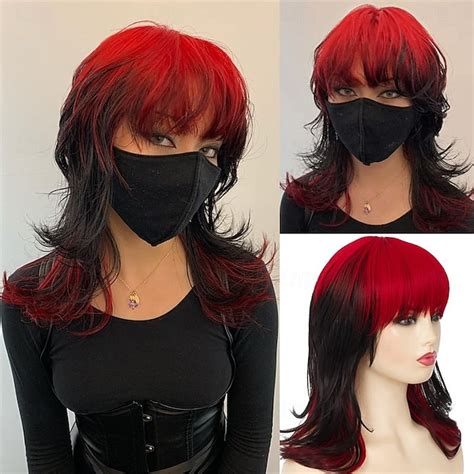 Black Red Wigs for Women Shoulder Length Layered Shaggy Wig with Bangs ...