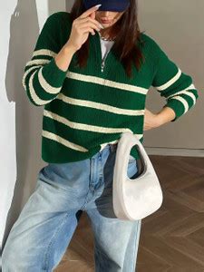 Eddicted Striped Collared Neck Party Women Green Sweater - Buy Eddicted ...