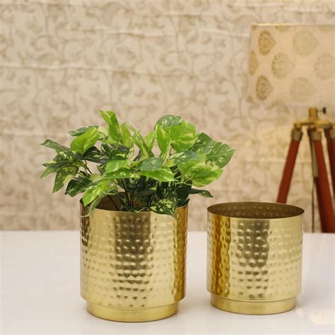 HomeShastra® Dew Gold Hammered Metal Planter Set of 2 | 7 Inch & 6 Inch ...