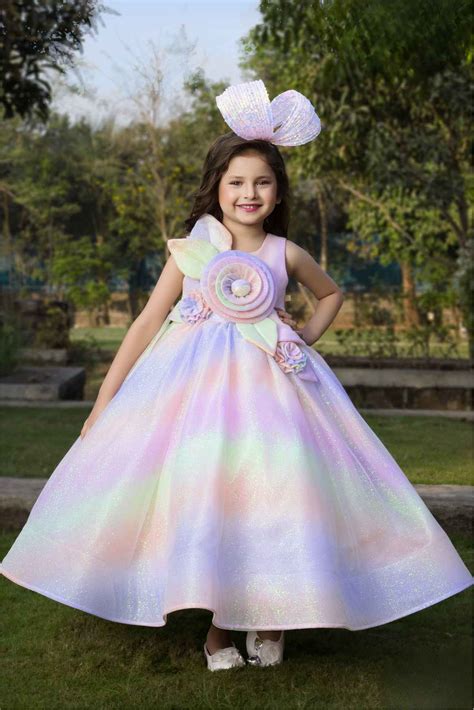 Multicolor Rainbow Princess Gown With Floral Embellishment For Girls ...