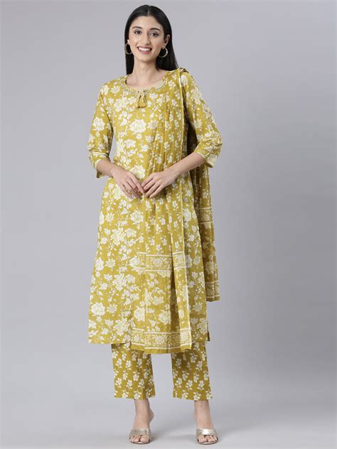 Neerus Green Printed Straight Kurta and Trousers With Dupatta – Neerus ...