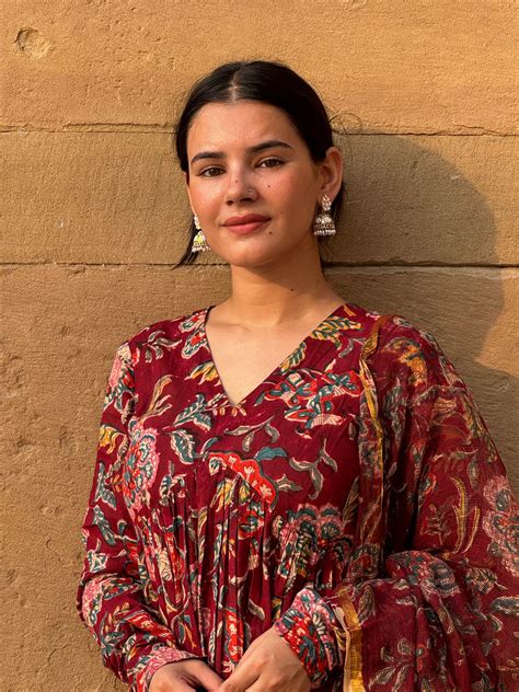 Maroon Block printed Anarkali With Full Sleeves Set of 3 – Hasli India