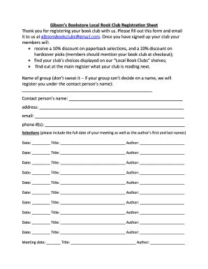 Fillable Online Gibsons Bookstore Local Book Club Registration Sheet ...