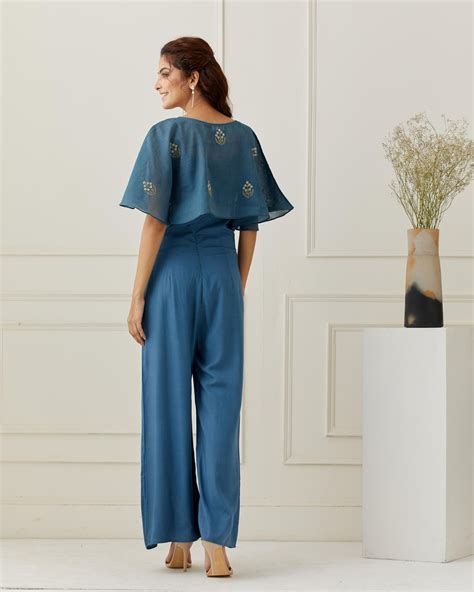 Azure Blue Jumpsuit with Embroidered Cape – Grass & Sunshine