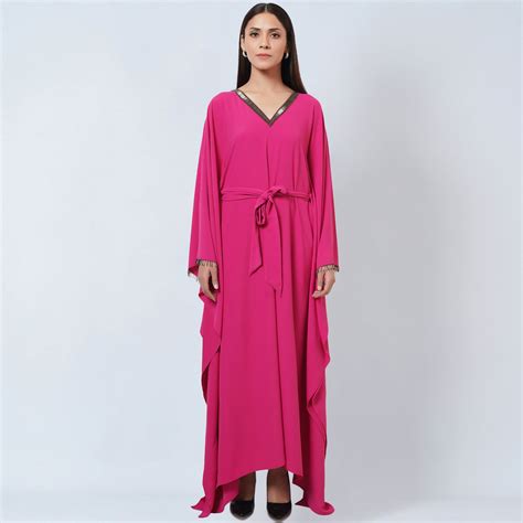 Bright Pink Embroidered Neckline Full Length Kaftan with Belt – First ...