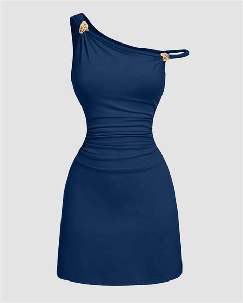 Fitted Pleated Metal Buckle Mini Dress in Blue- Littlebox India