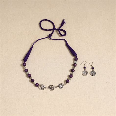 Purple German Silver Wooden Beads Necklace Set