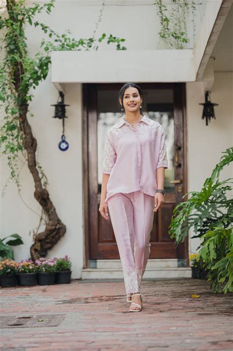 Light Pink Floral Embroidered Cotton Co-ord Set | Co-ord Sets for Women ...