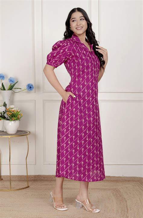 Miravan Womens Magenta Floral Printed Cotton Dress with one side Pocke