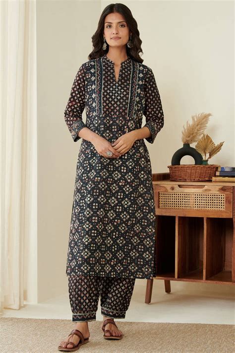 Buy Bagru Hand Block Printed Straight Cotton Slub Kurta for Women ...