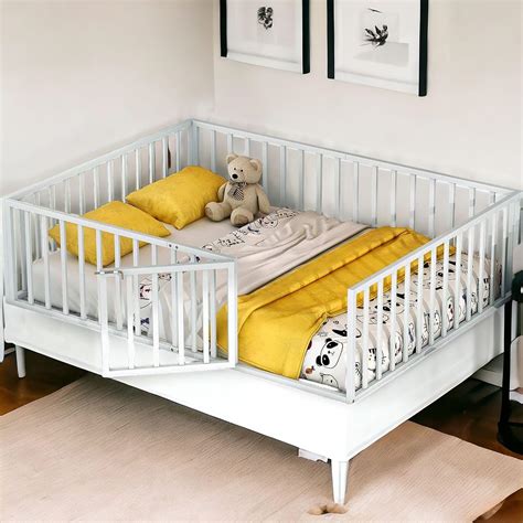 Amazon.com: Nossta Queen Size Metal Floor Bed Frame with Fence and Door ...