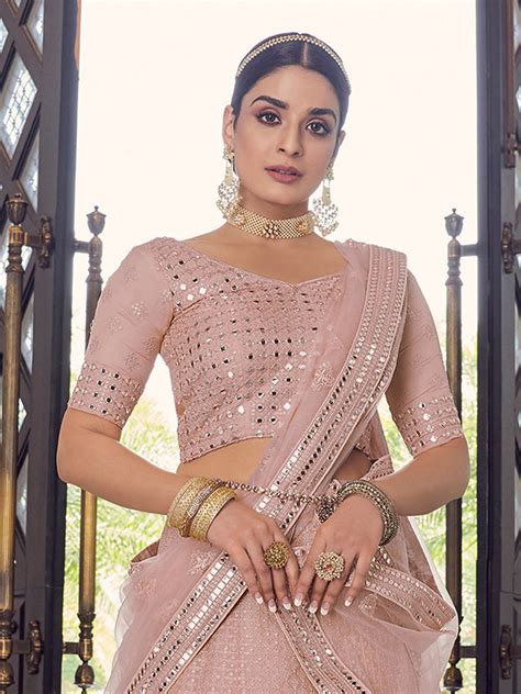 Peach Embroidered Georgette Semi Stitched Lehenga With Unsti